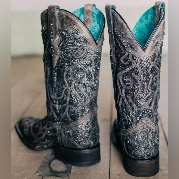 Women’s CORRAL grey sequin glitter inlay square toe cowgirl boots size 9 1/2 - Picture 2 of 15